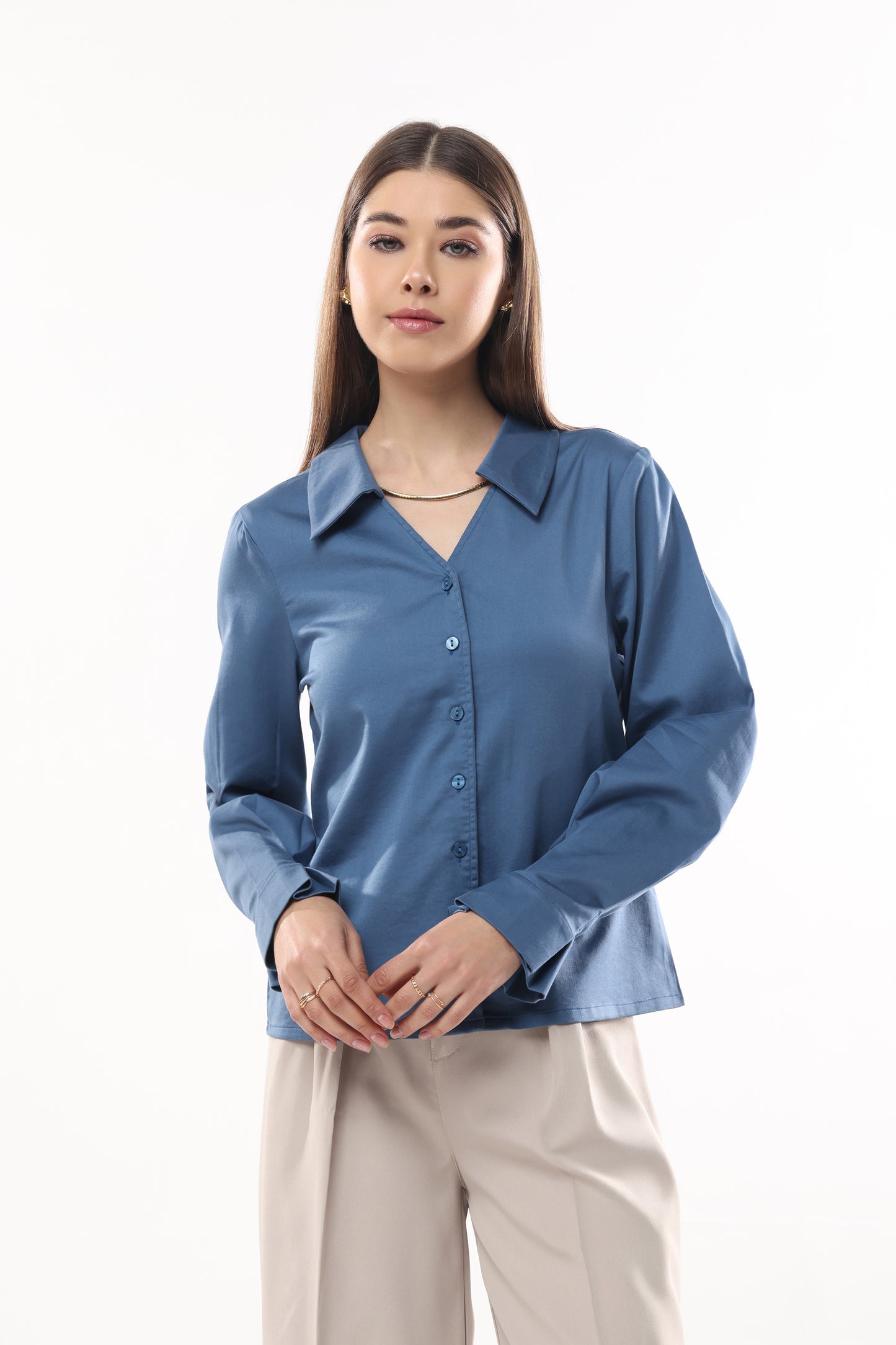 Frilled Cuff V neckline Shirt