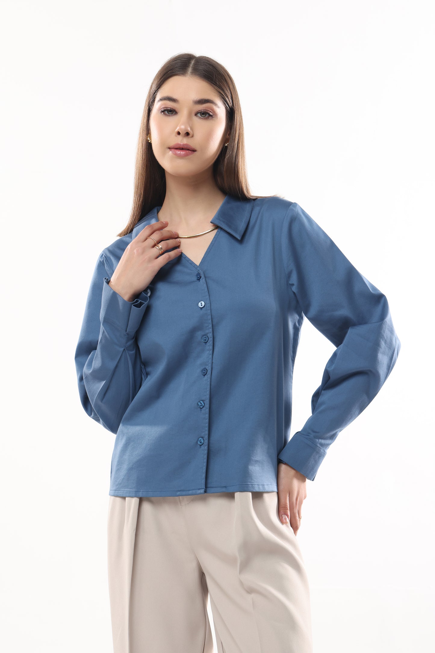 Frilled Cuff V neckline Shirt
