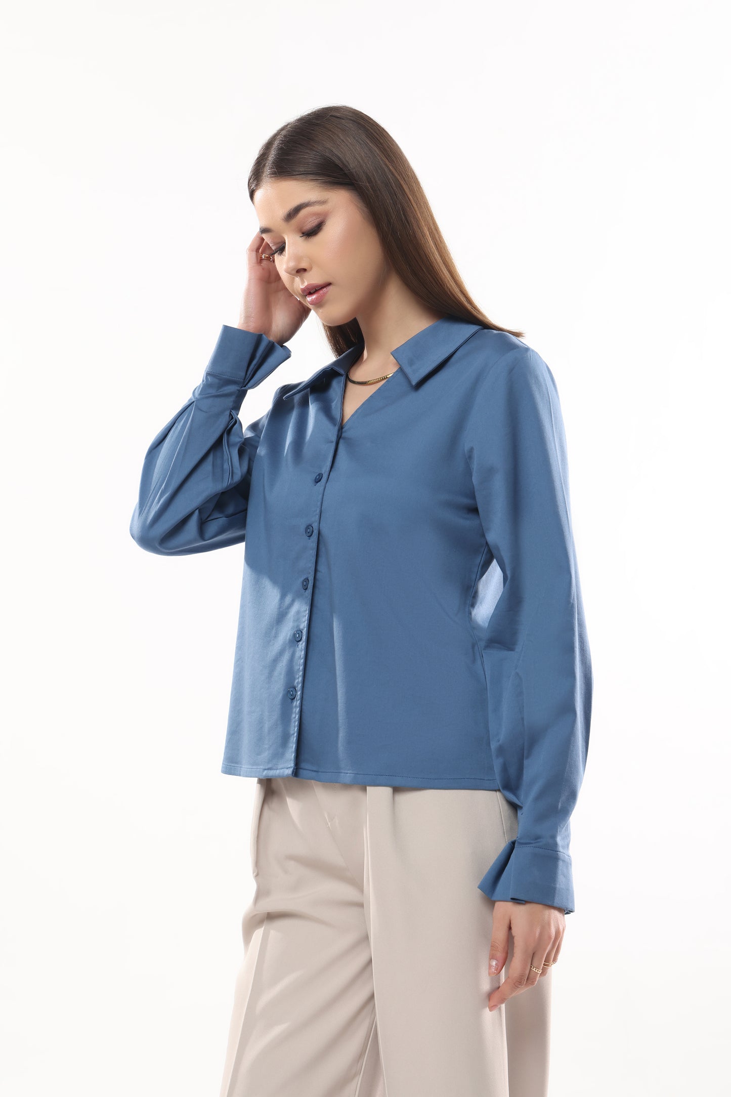Frilled Cuff V neckline Shirt