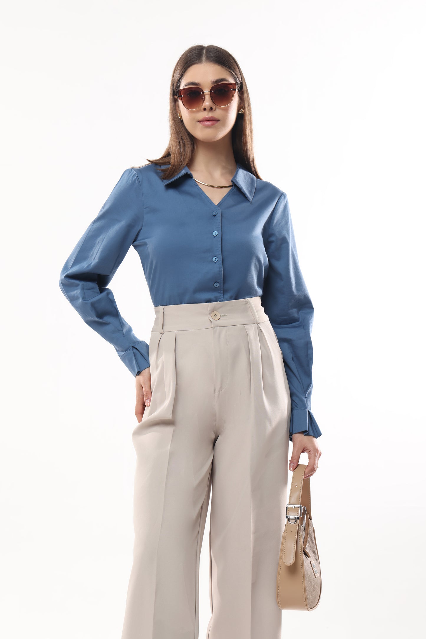Frilled Cuff V neckline Shirt