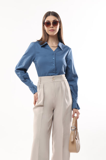 Frilled Cuff V neckline Shirt