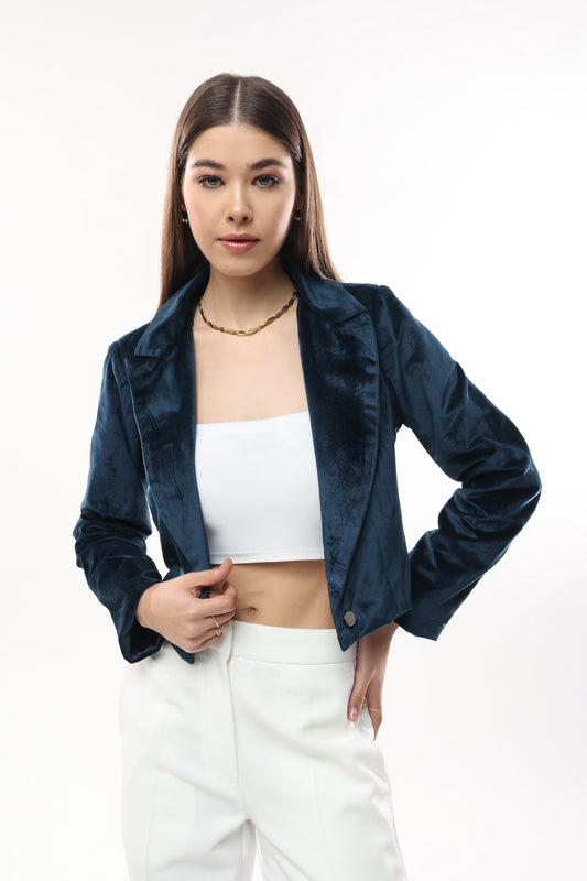 Velvet Cropped Single Button Blazer