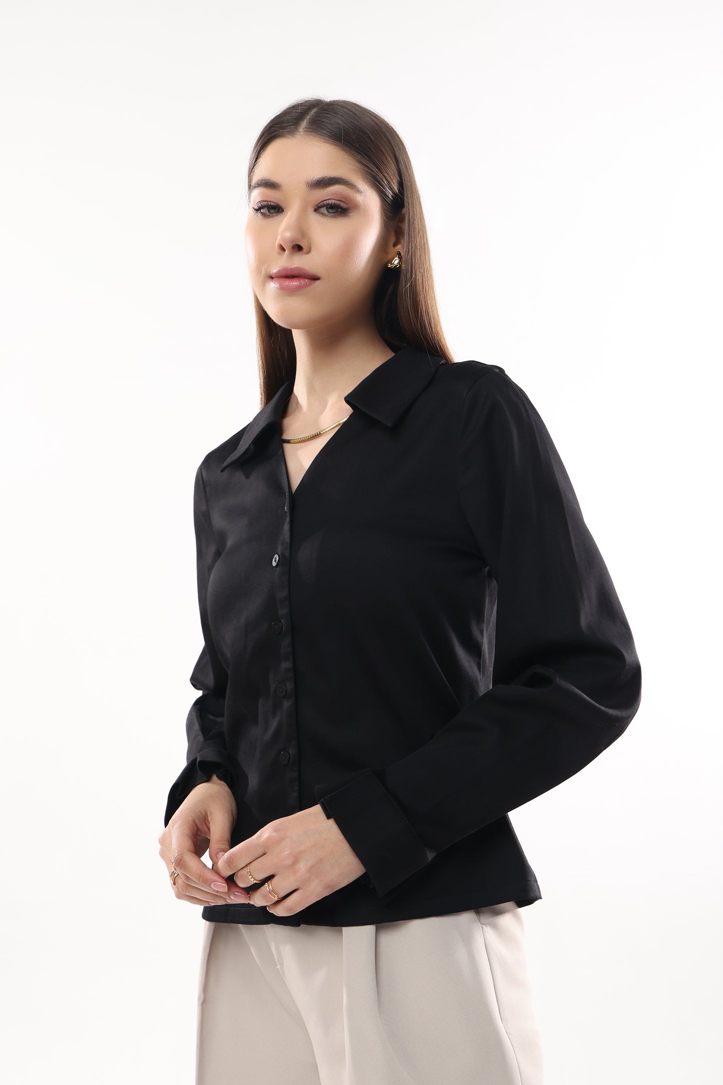 Frilled Cuff V neckline Shirt